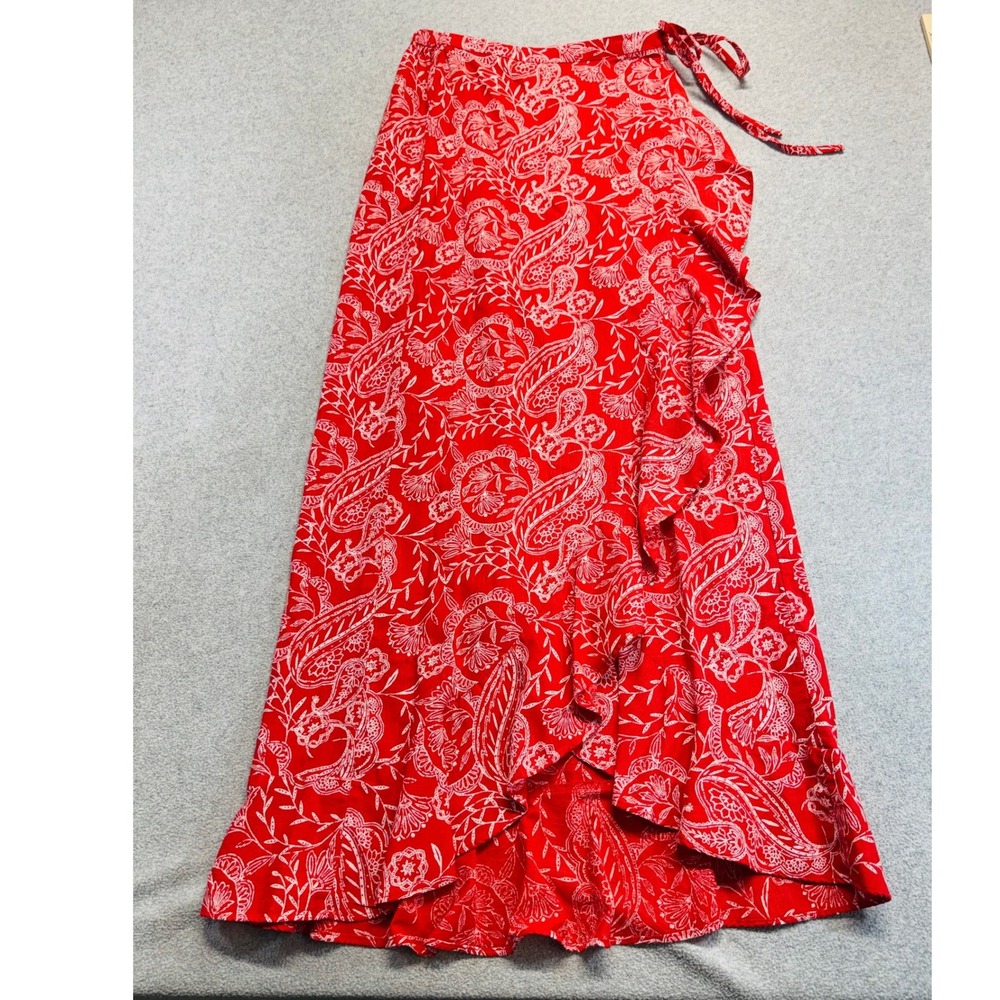 Universal Thread Wrap Maxi Skirt Womens Small Red Paisley Ruffle High Low Boho